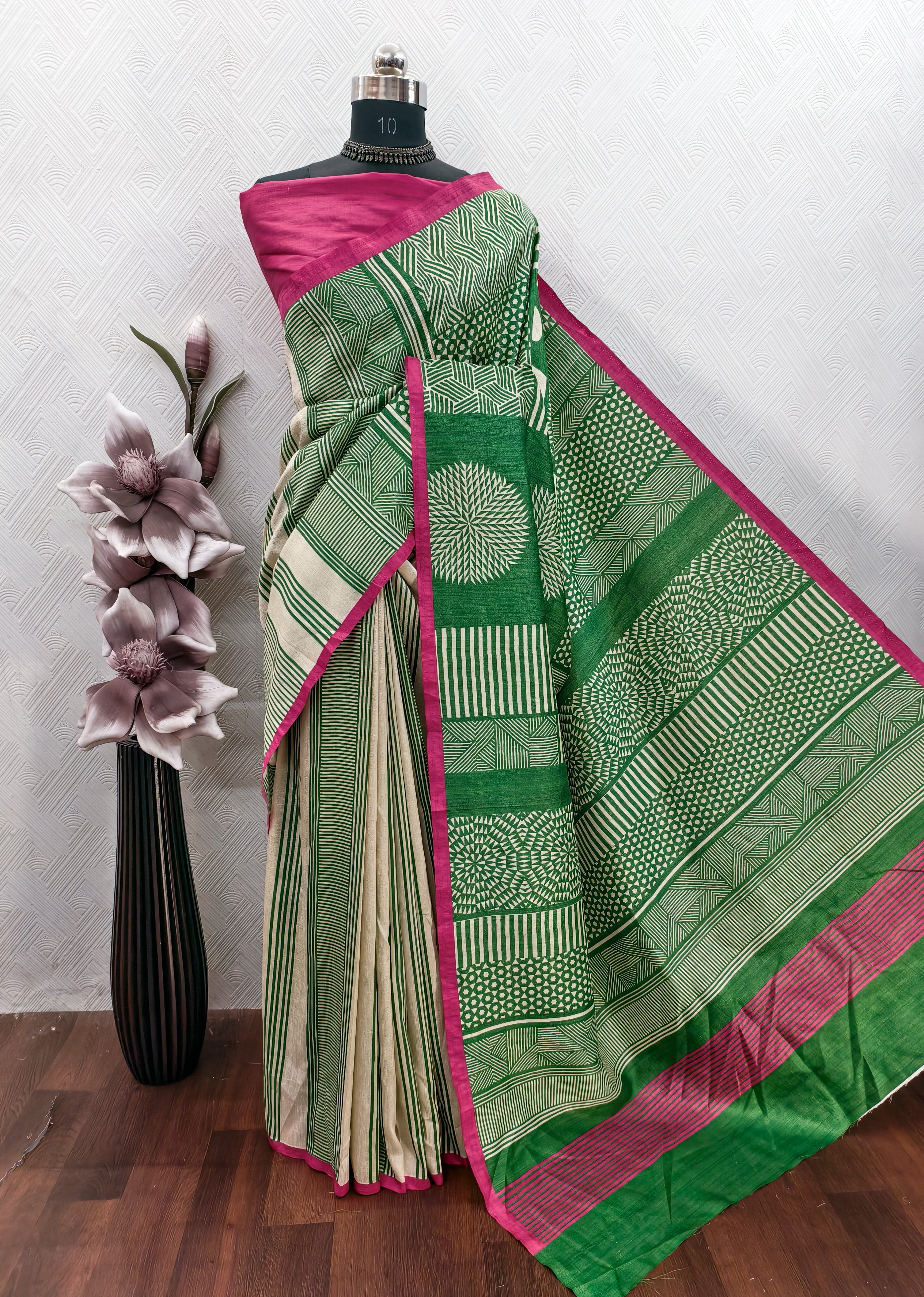 Green color Geometrical design on Raw ArtSilk Fabric