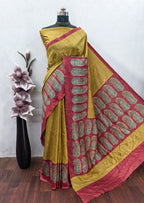 Mustard Color Ikkat With Ajrakh Print On Raw Art Silk Fabric