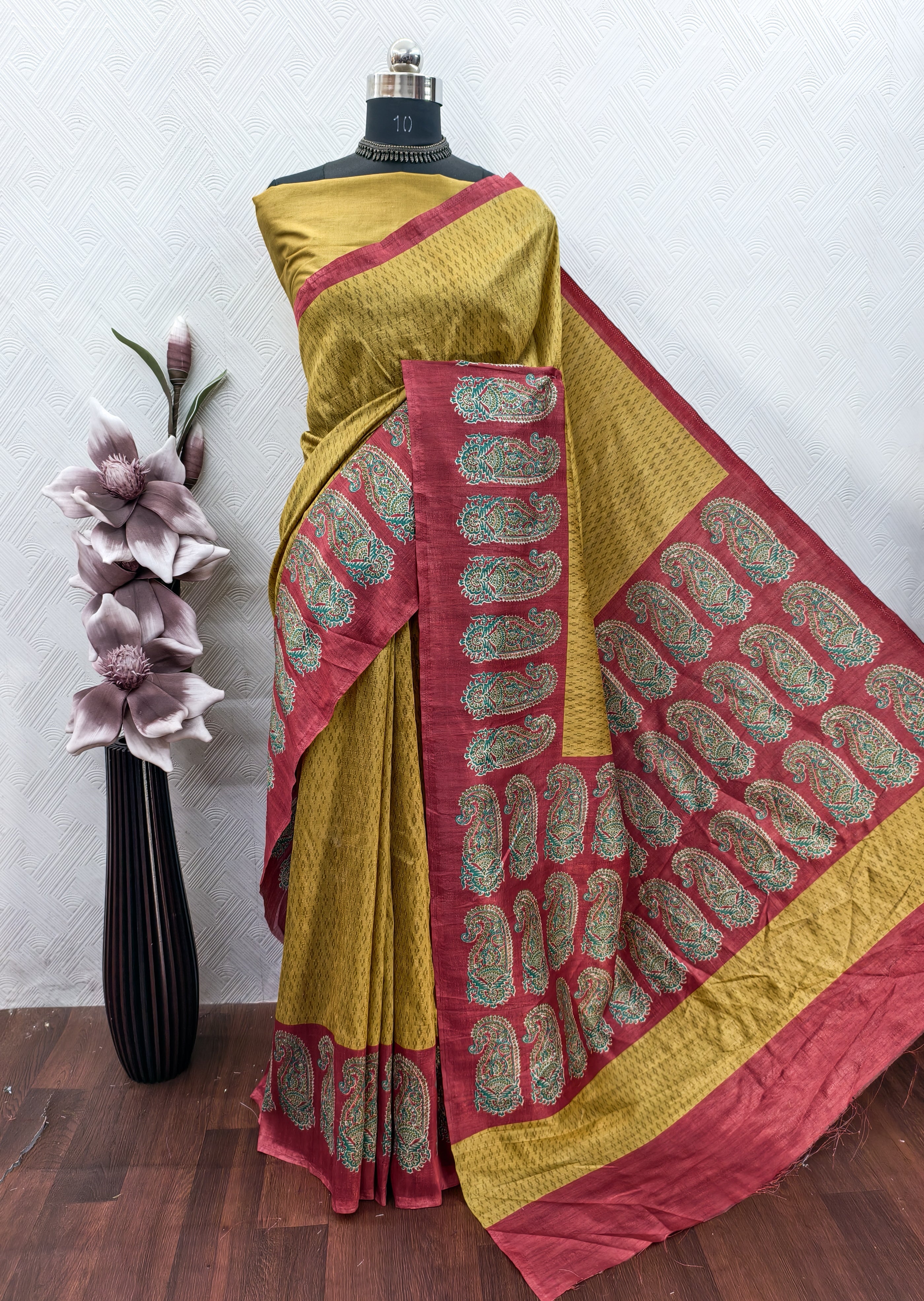 Mustard Color Ikkat With Ajrakh Print On Raw Art Silk Fabric