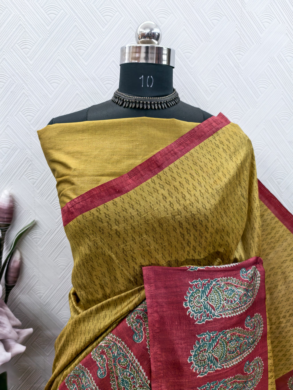 Mustard Color Ikkat With Ajrakh Print On Raw Art Silk Fabric