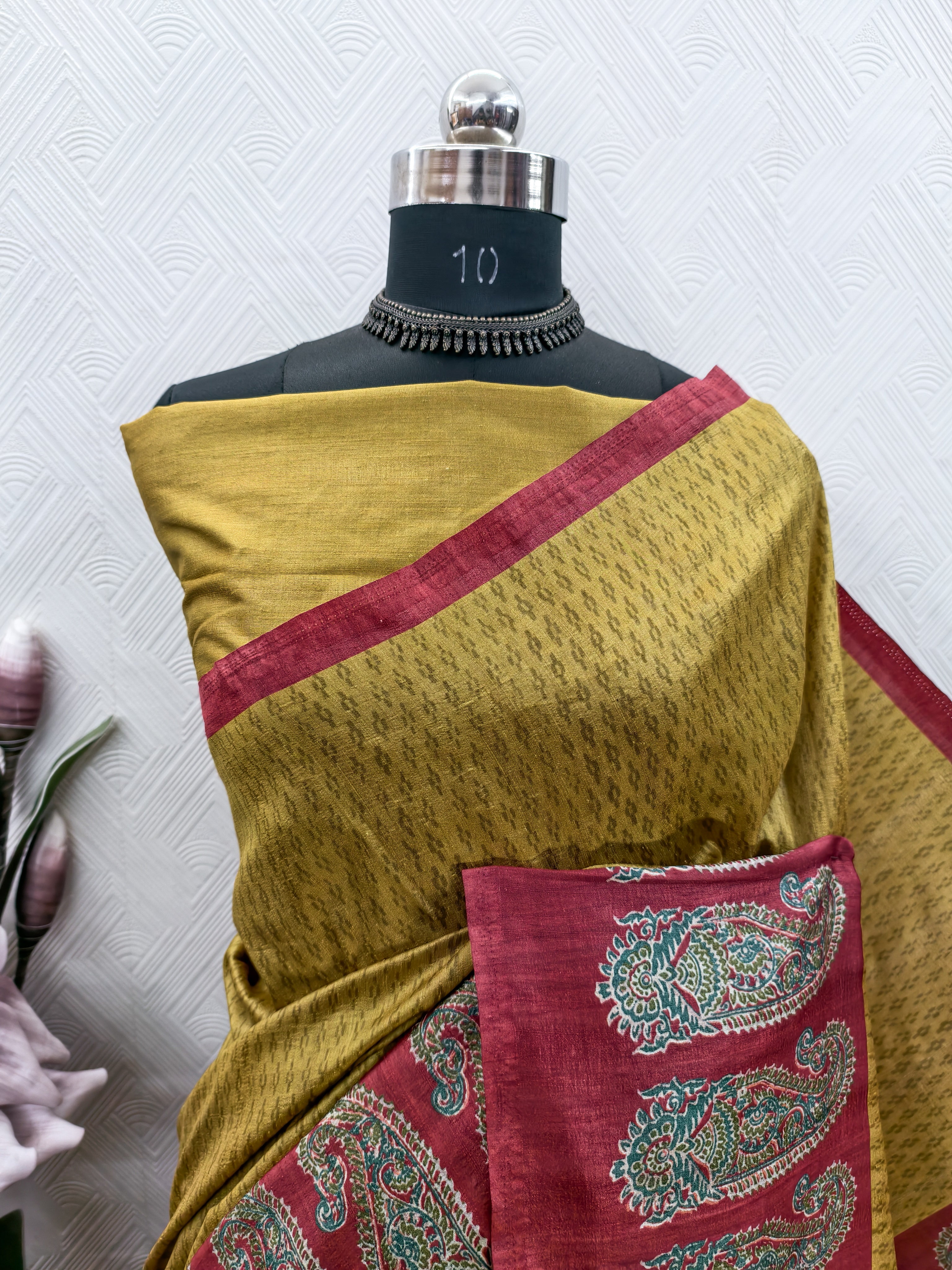Mustard Color Ikkat With Ajrakh Print On Raw Art Silk Fabric