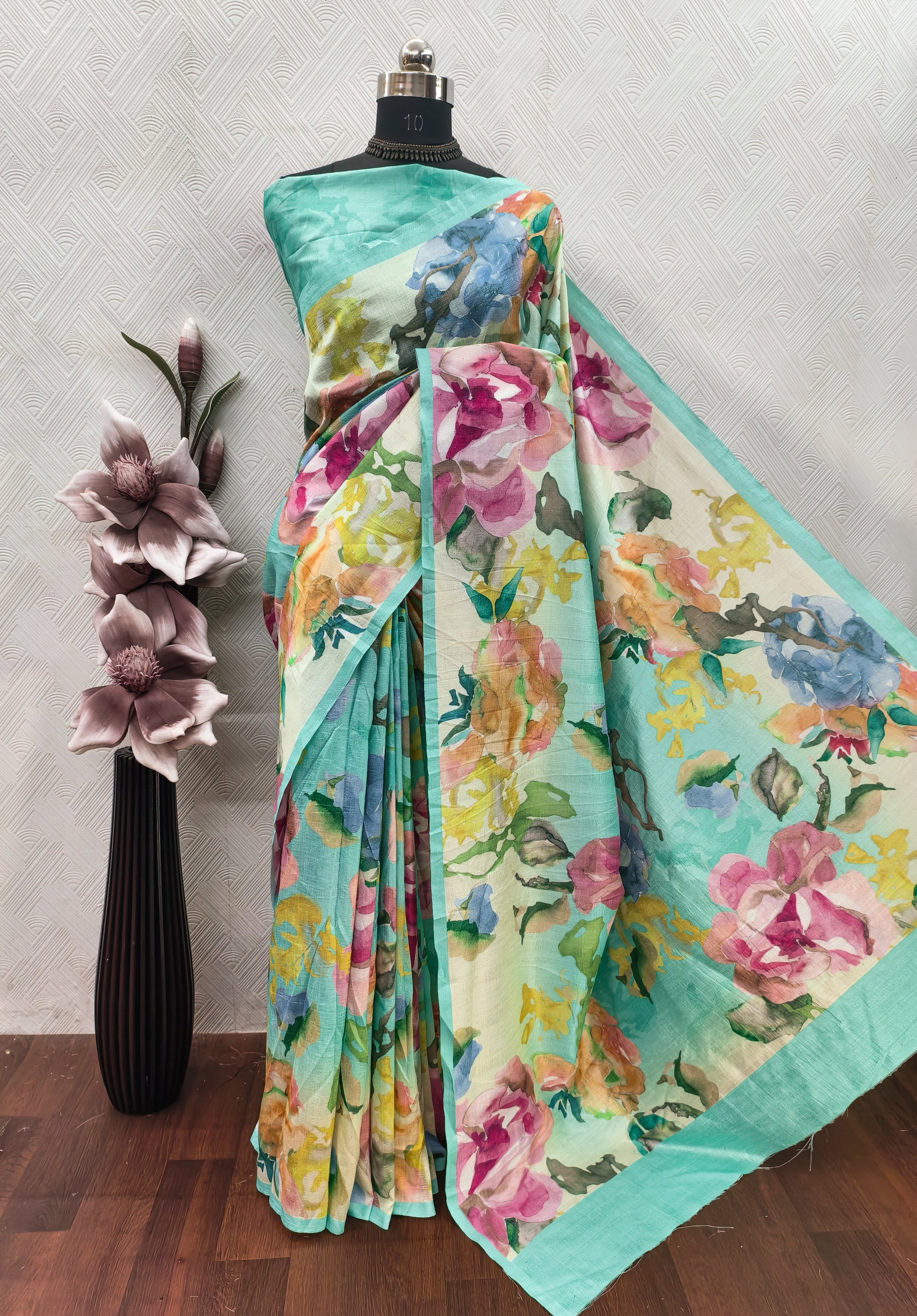 Handpaint floral print on Raw Art Silk Fabric