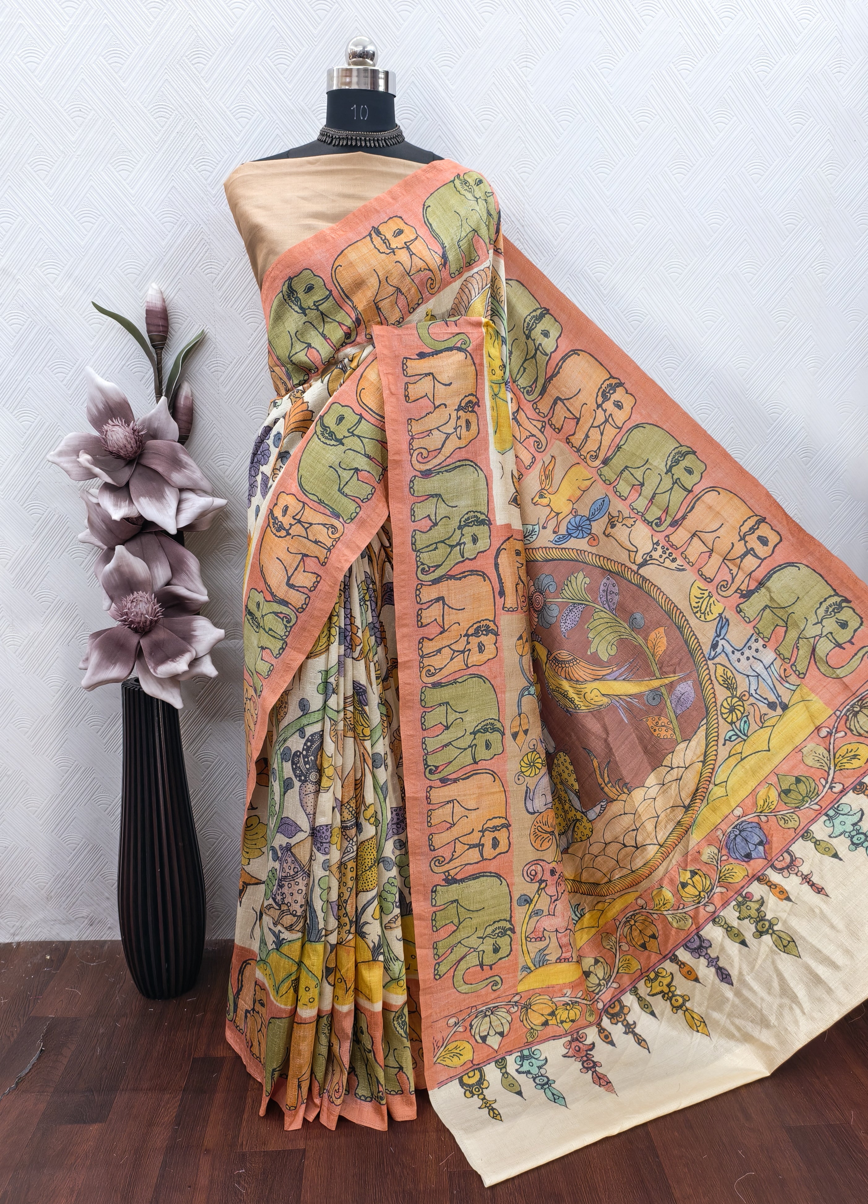Tusser color Kalamkari Print On Raw Silk Fabric