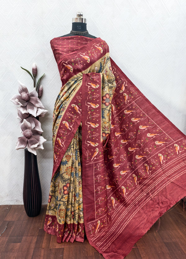 Mustard  with Red color kalamkari Print on raw Artsilk Fabric