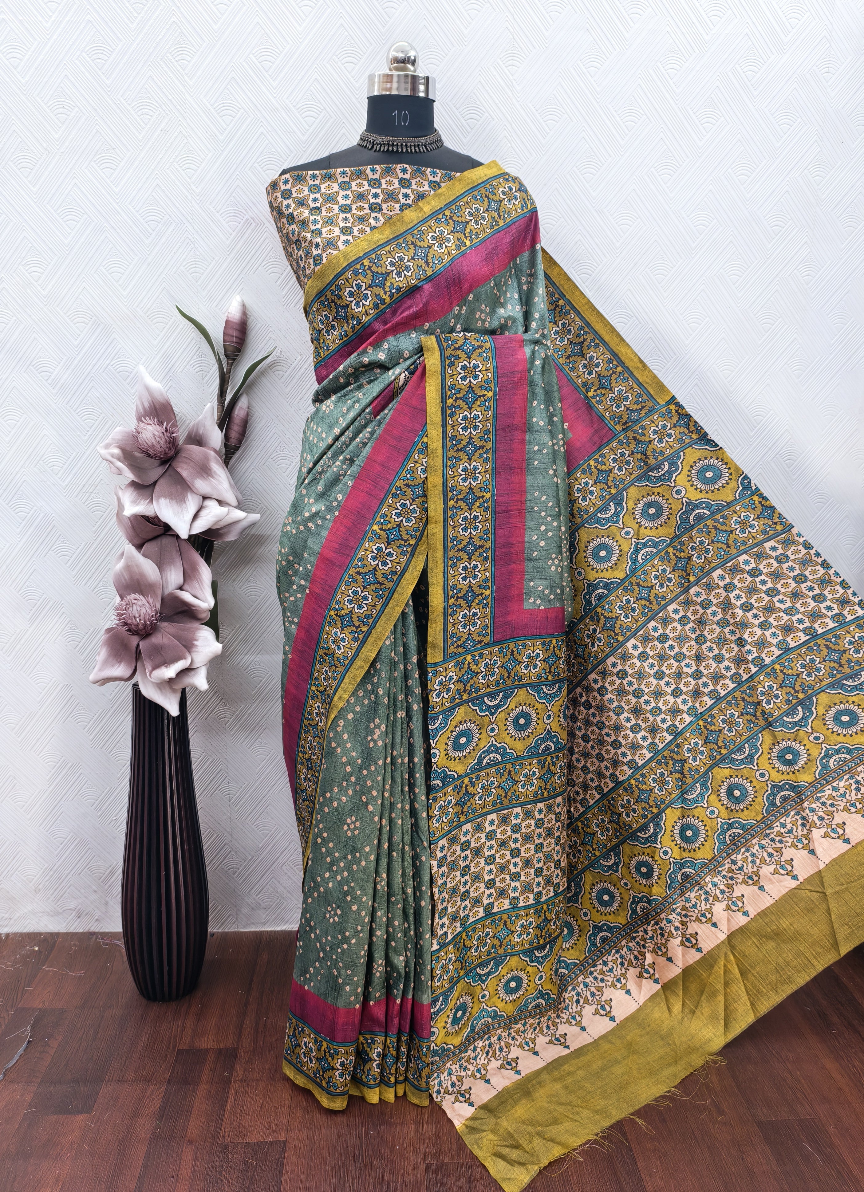 Green Color bandhini With Ajarak Print on Raw Art Silk Fabric