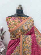 Rani Color Patola  With Kalamkari Print On Raw Art Silk Fabric