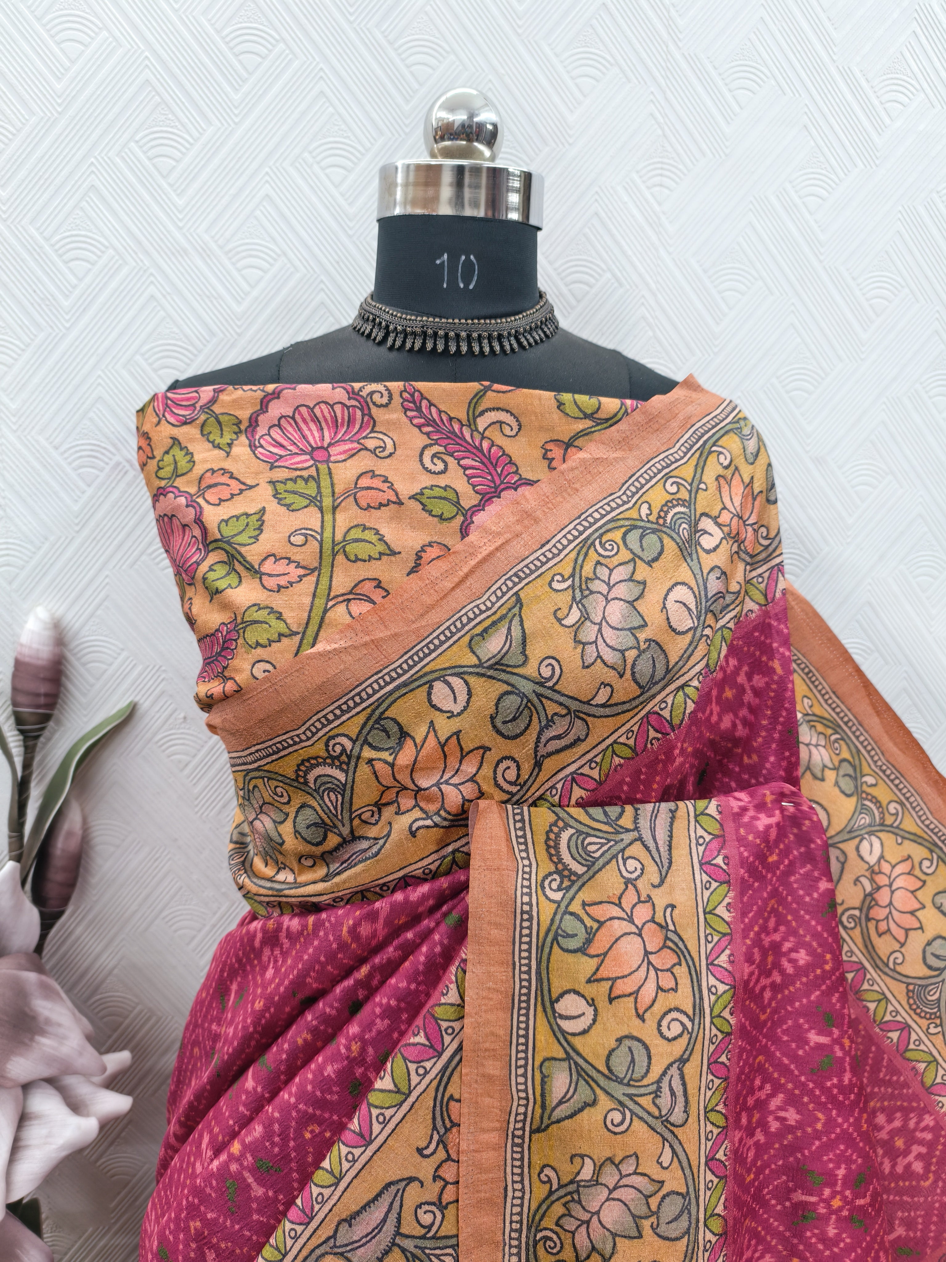 Rani Color Patola  With Kalamkari Print On Raw Art Silk Fabric