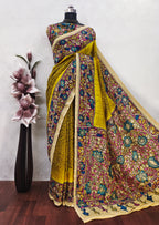 Mustard Color Kalamkari With Bandhini On Matka Silk Fabric