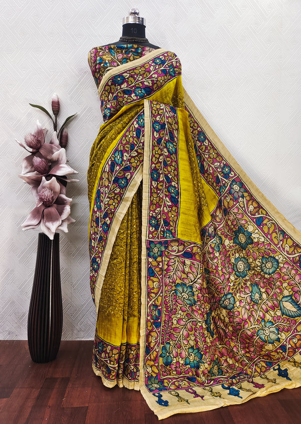 Mustard Color Kalamkari With Bandhini On Matka Silk Fabric