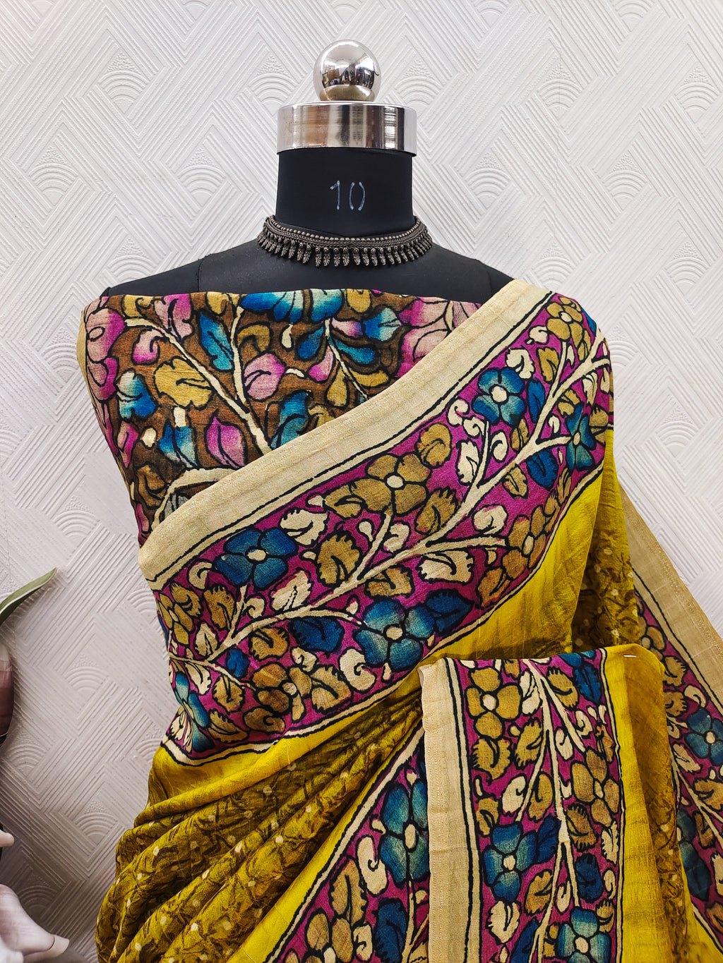 Mustard Color Kalamkari With Bandhini On Matka Silk Fabric