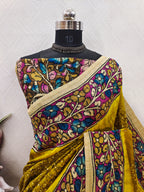 Mustard Color Kalamkari With Bandhini On Matka Silk Fabric