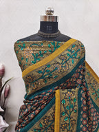 Navy Blue Color Ajrakh Print On  Matka Silk Fabric