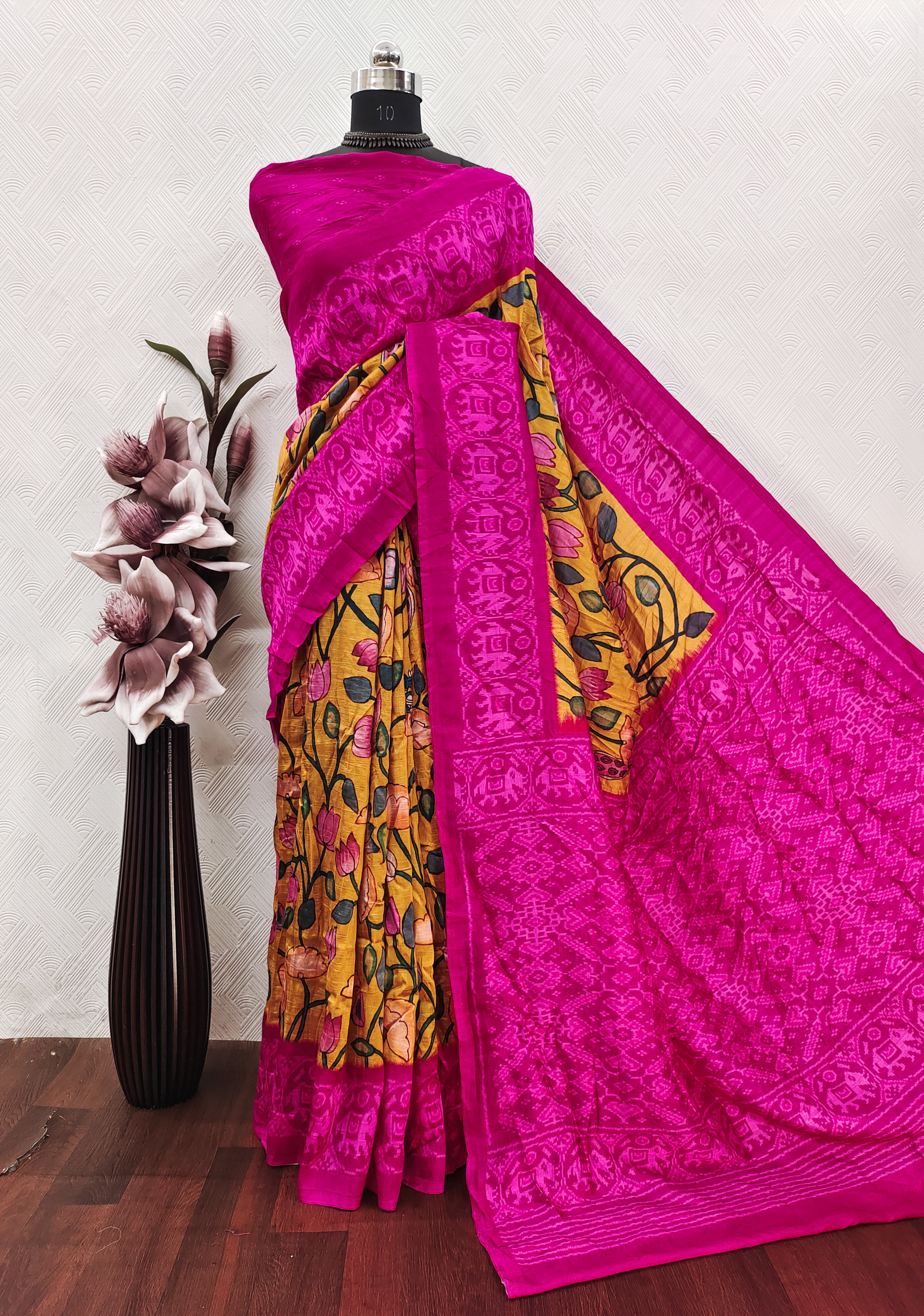 Mustard Color Kalamkari With Pink Patola Print On Matka Silk Fabric