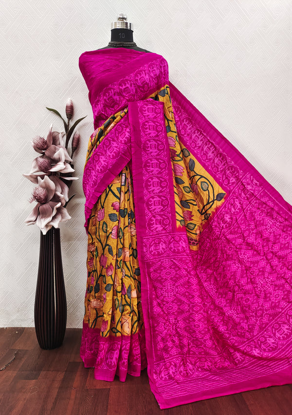 Mustard Color Kalamkari With Pink Patola Print On Matka Silk Fabric