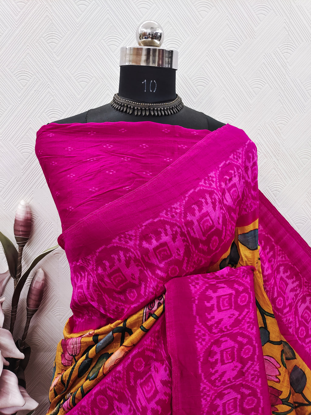 Mustard Color Kalamkari With Pink Patola Print On Matka Silk Fabric