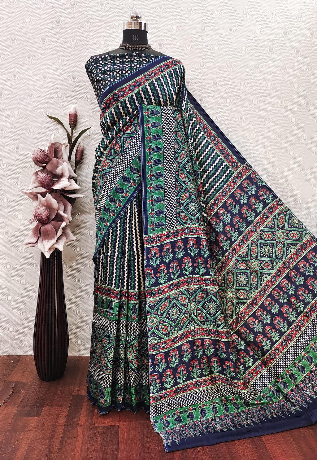 Ajrakh print On Diamond Silk Fabric