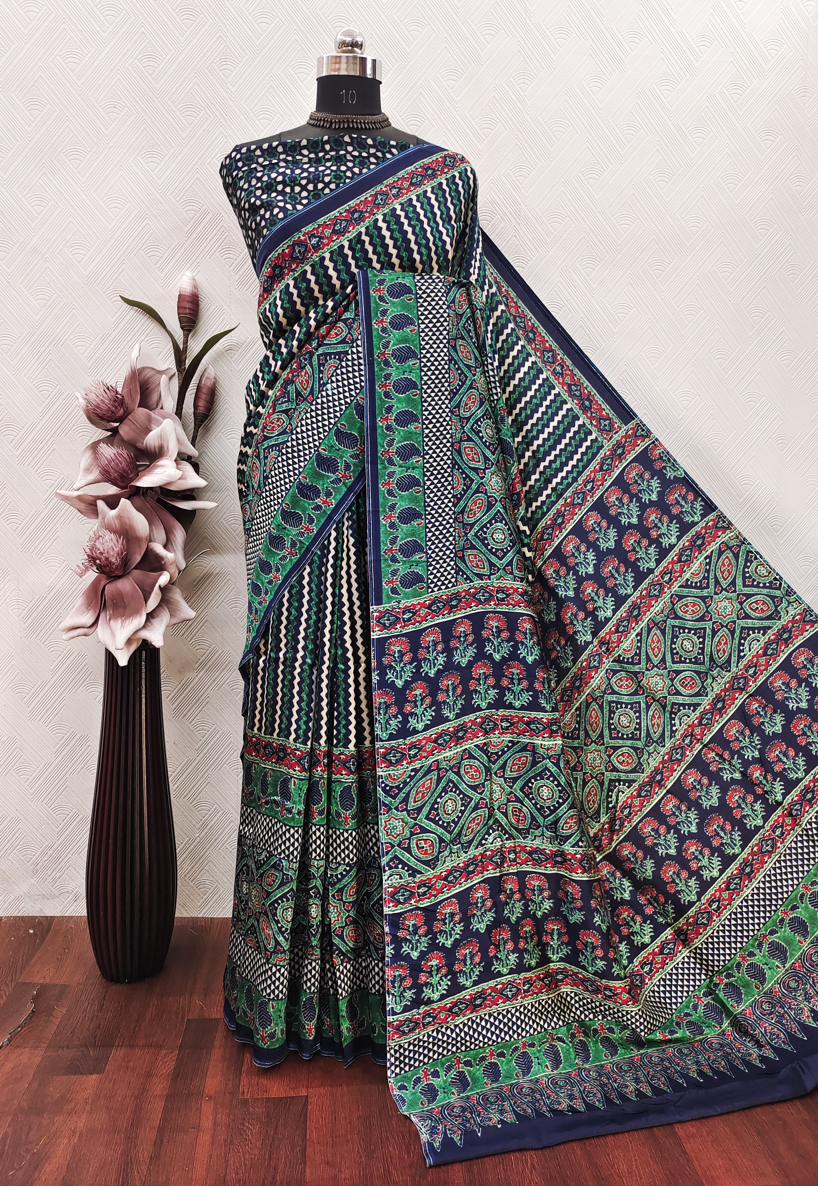 Ajrakh print On Diamond Silk Fabric