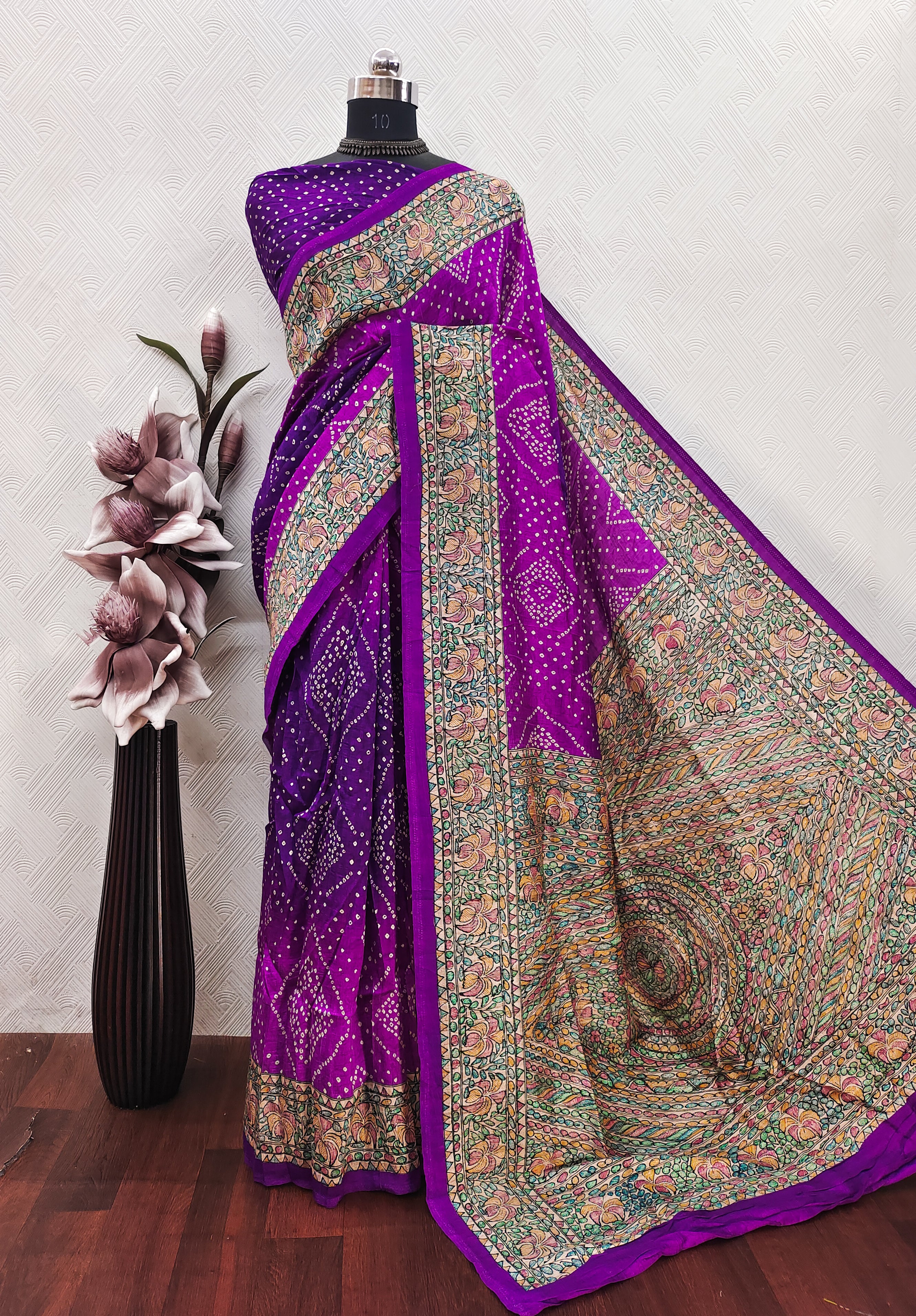 Purple Color Bandhini With Madhubani Print On Matka Silk Fabric