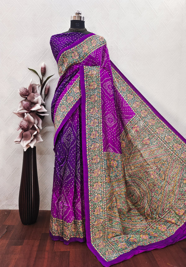 Purple Color Bandhini With Madhubani Print On Matka Silk Fabric