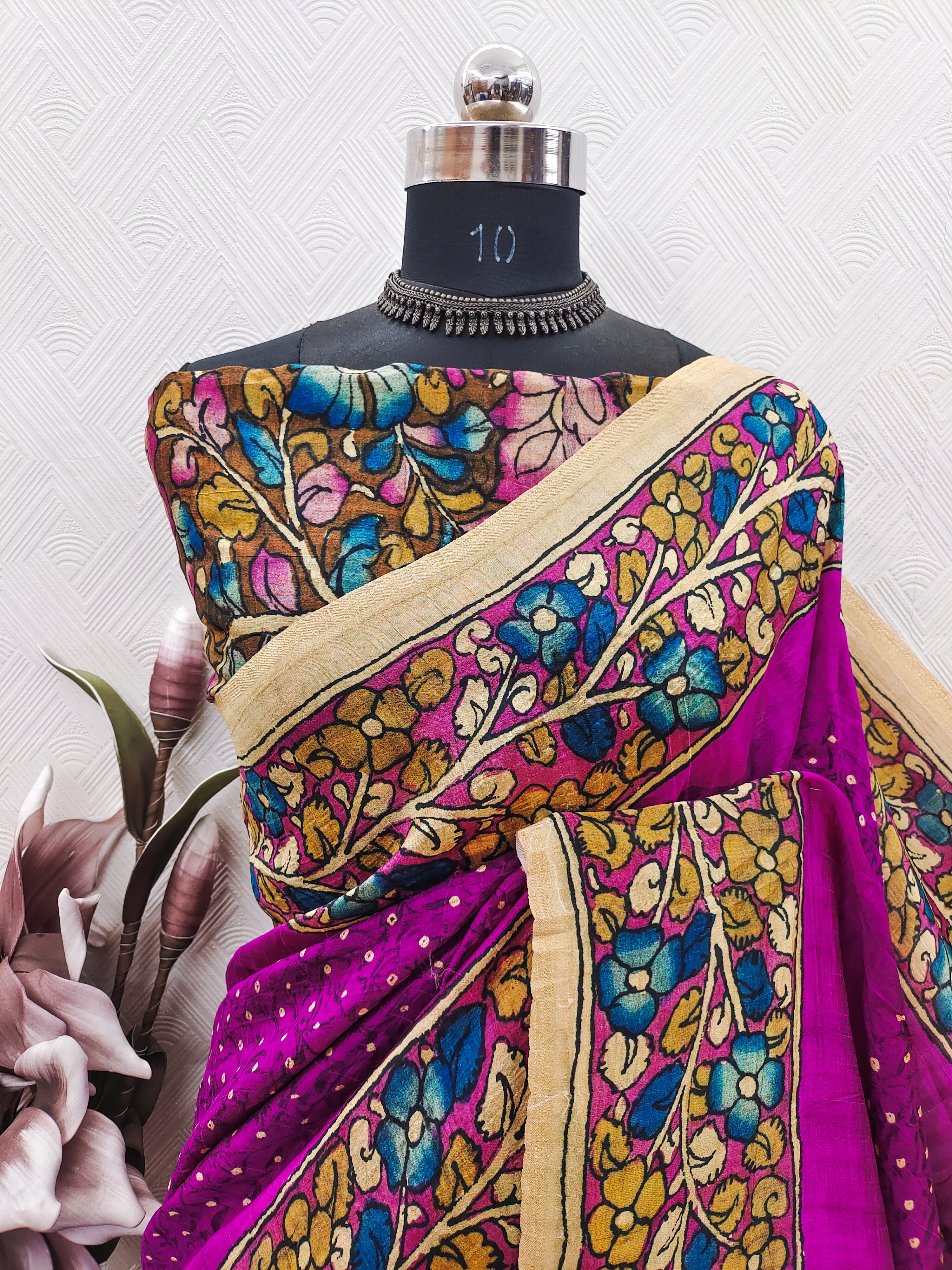 Pink Color Bandhini With Kalamkari Print On Matka Silk Fabric