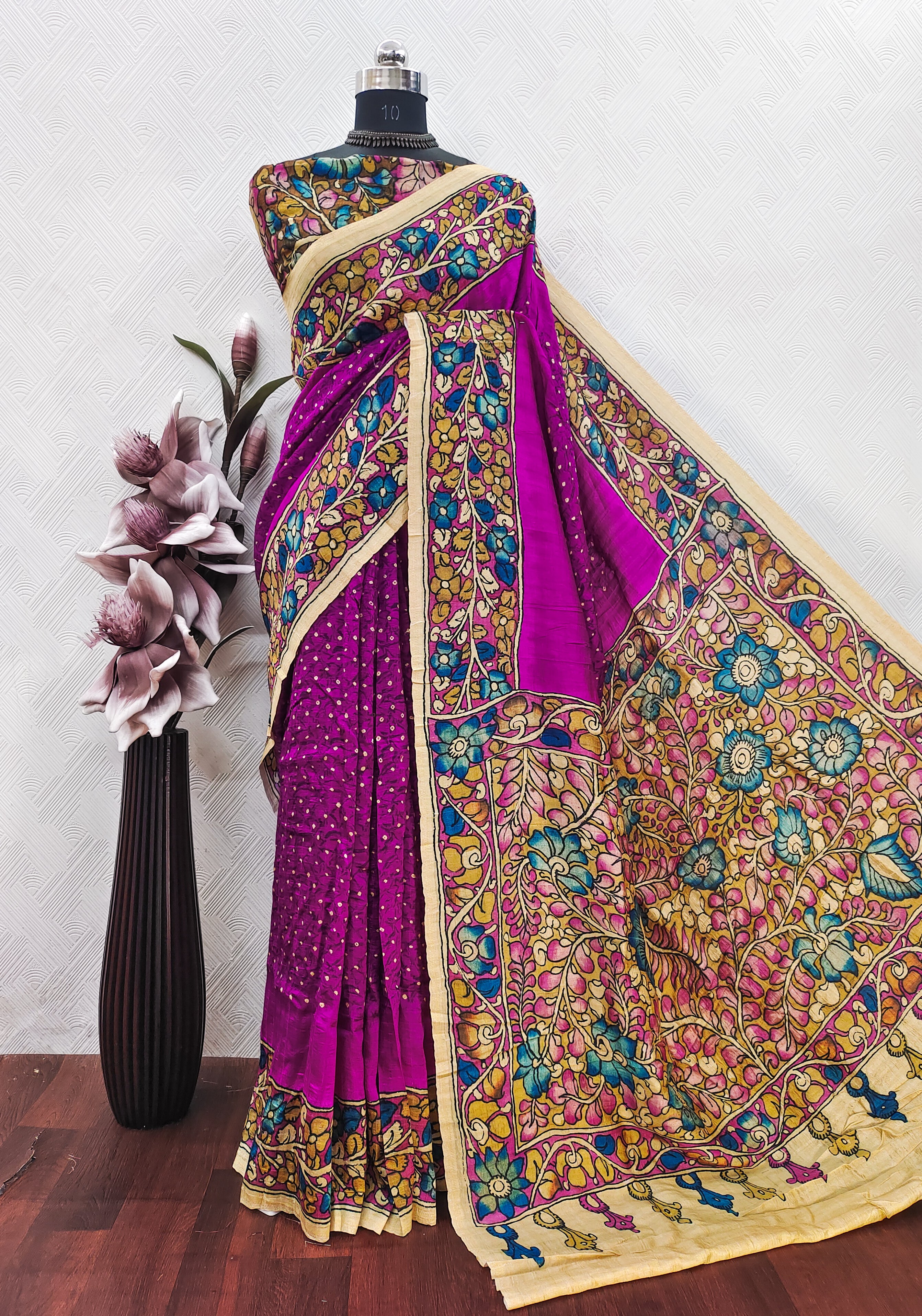 Pink Color Bandhini With Kalamkari Print On Matka Silk Fabric