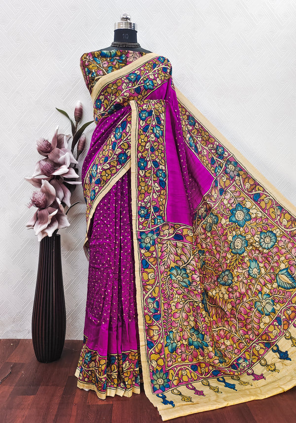 Pink Color Bandhini With Kalamkari Print On Matka Silk Fabric