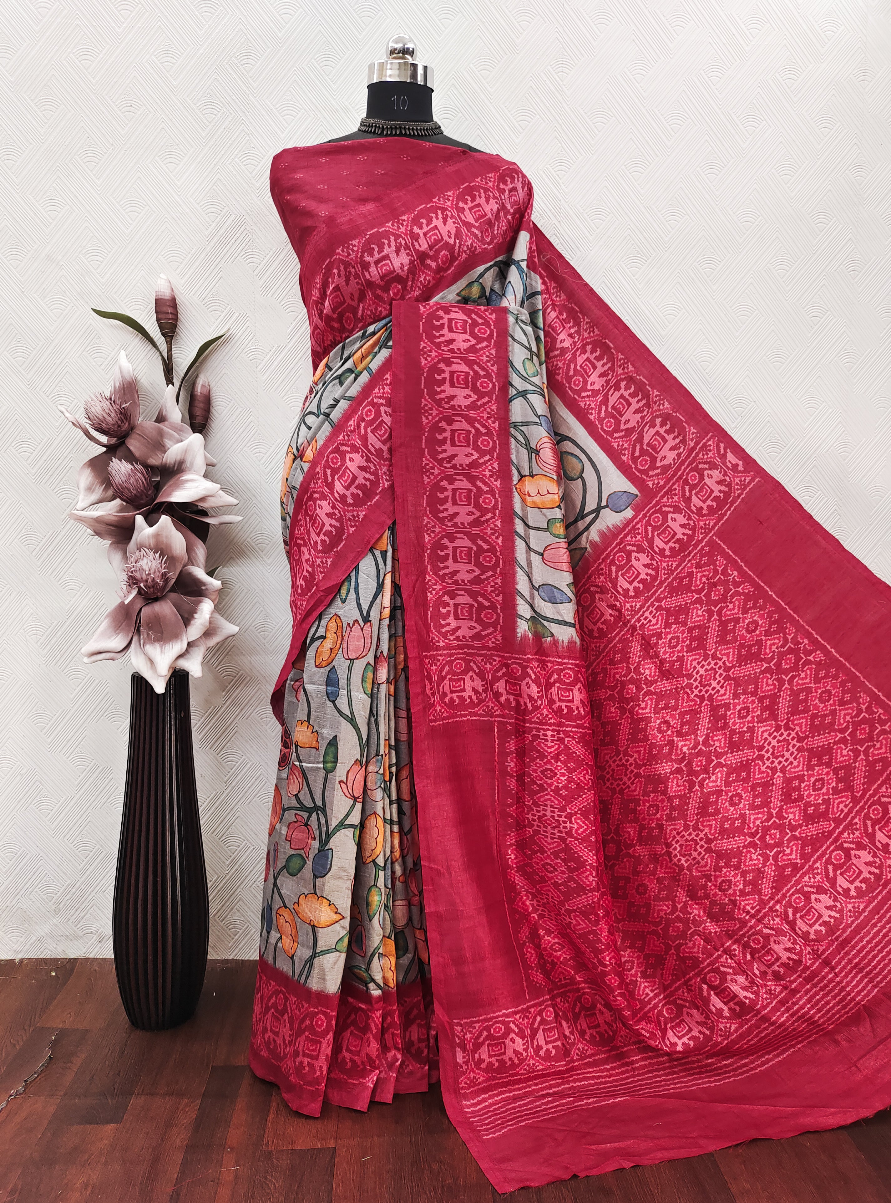 Grey Color Kalamkari With Pink Patola On Matka Silk Fabric