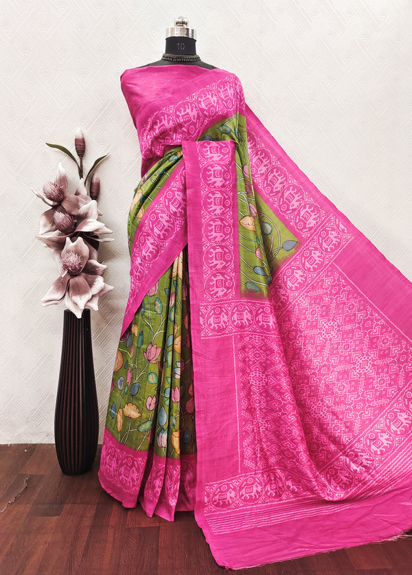 Green Color kalamkari With Pink Patola Print On Matka Silk Fabric