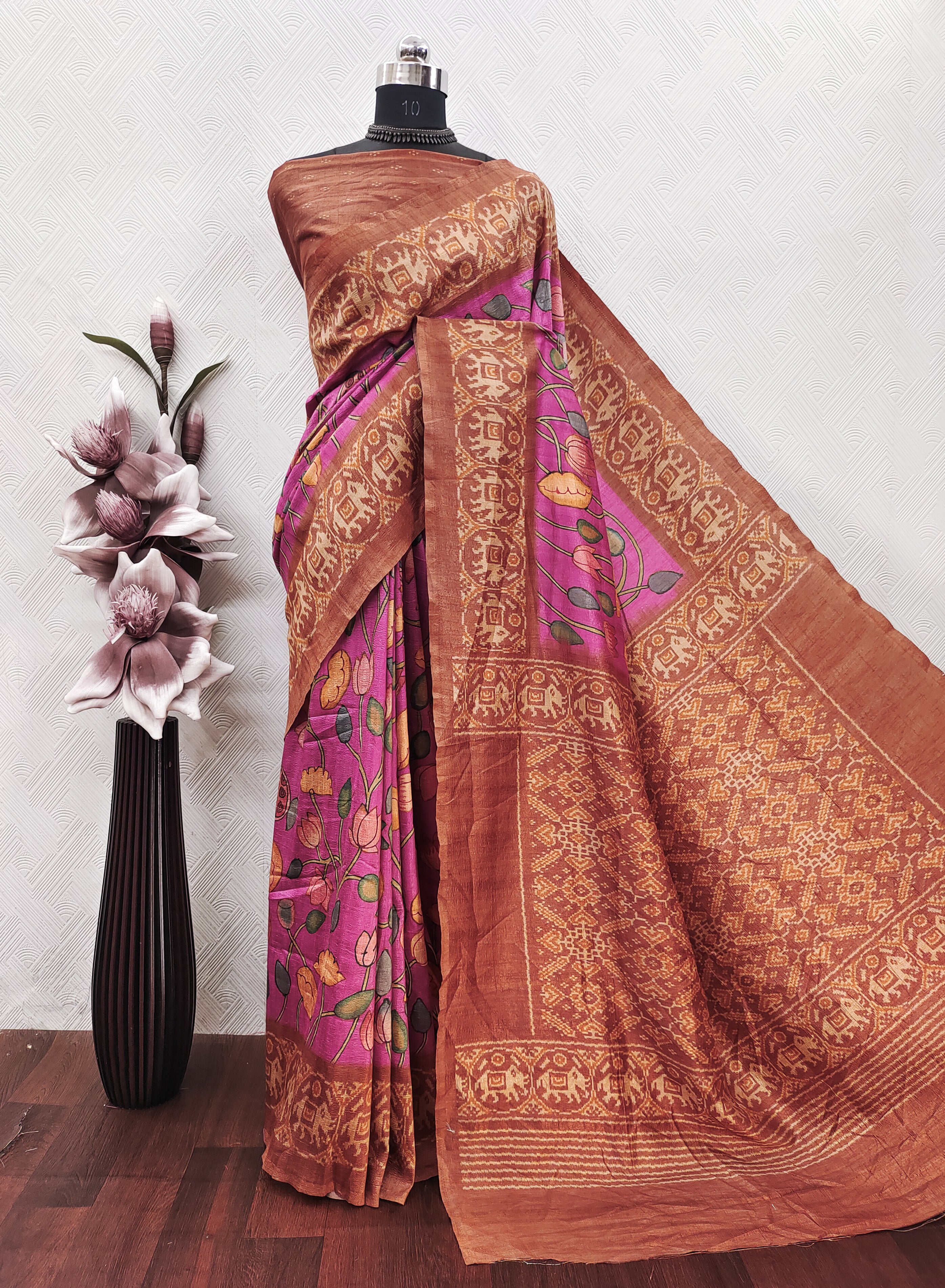 Pink Color kalamkari With Peach Patola Border On Matka Silk Fabric