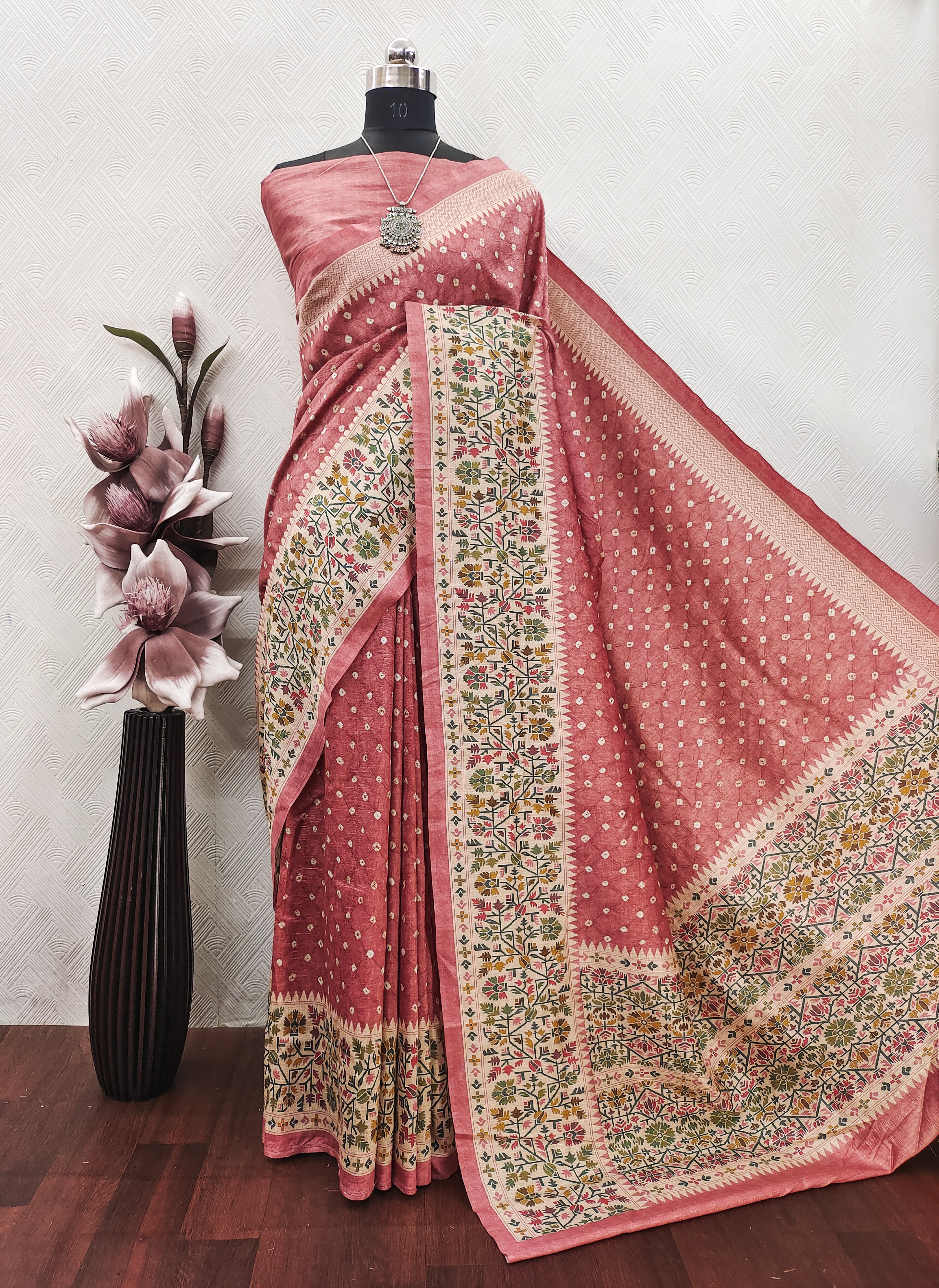 Peach colour bandhini with jamdini Print on Raw Artsilk fabric