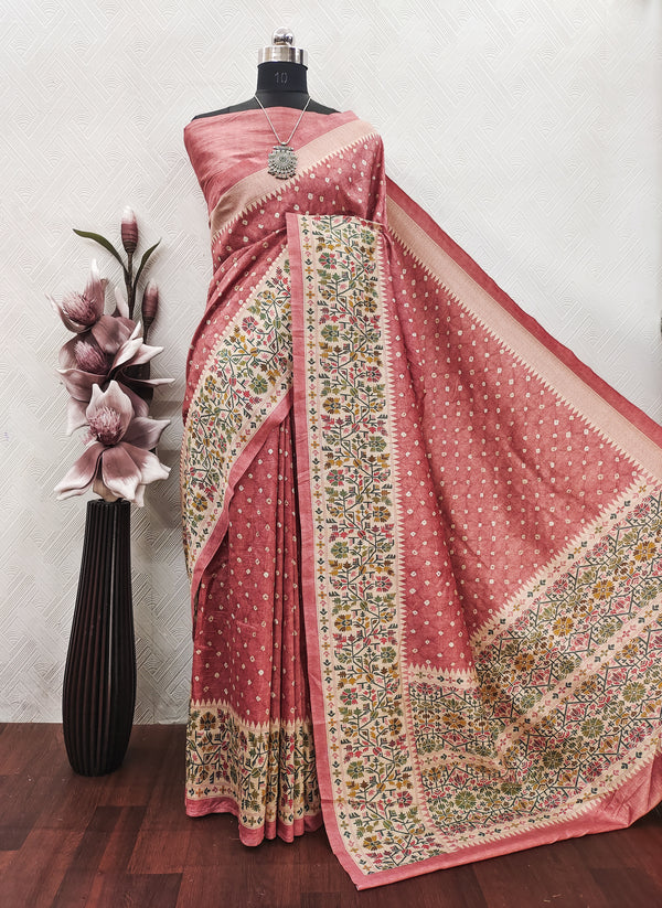 Peach colour bandhini with jamdini Print on Raw Artsilk fabric