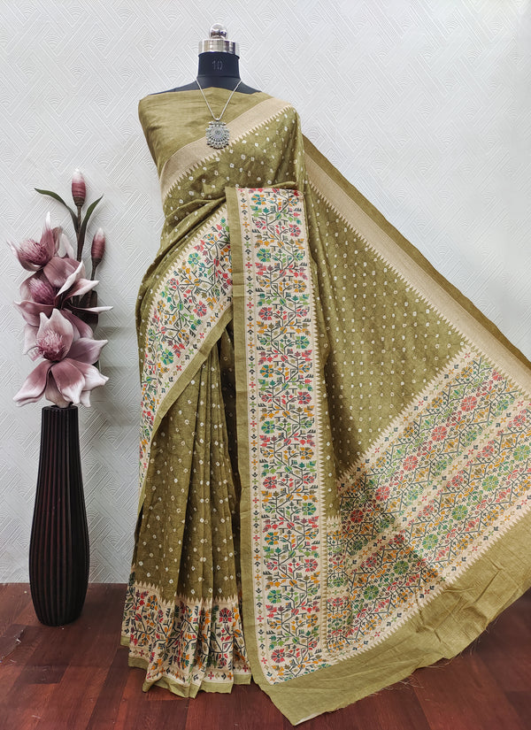 Green Color Bandhini With Jamdini Print On Raw ArtSilk Fabric