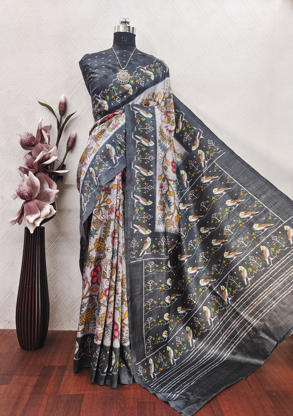 Silver Grey With Dark Grey Kalamkari Print on Raw Artsilk Fabric
