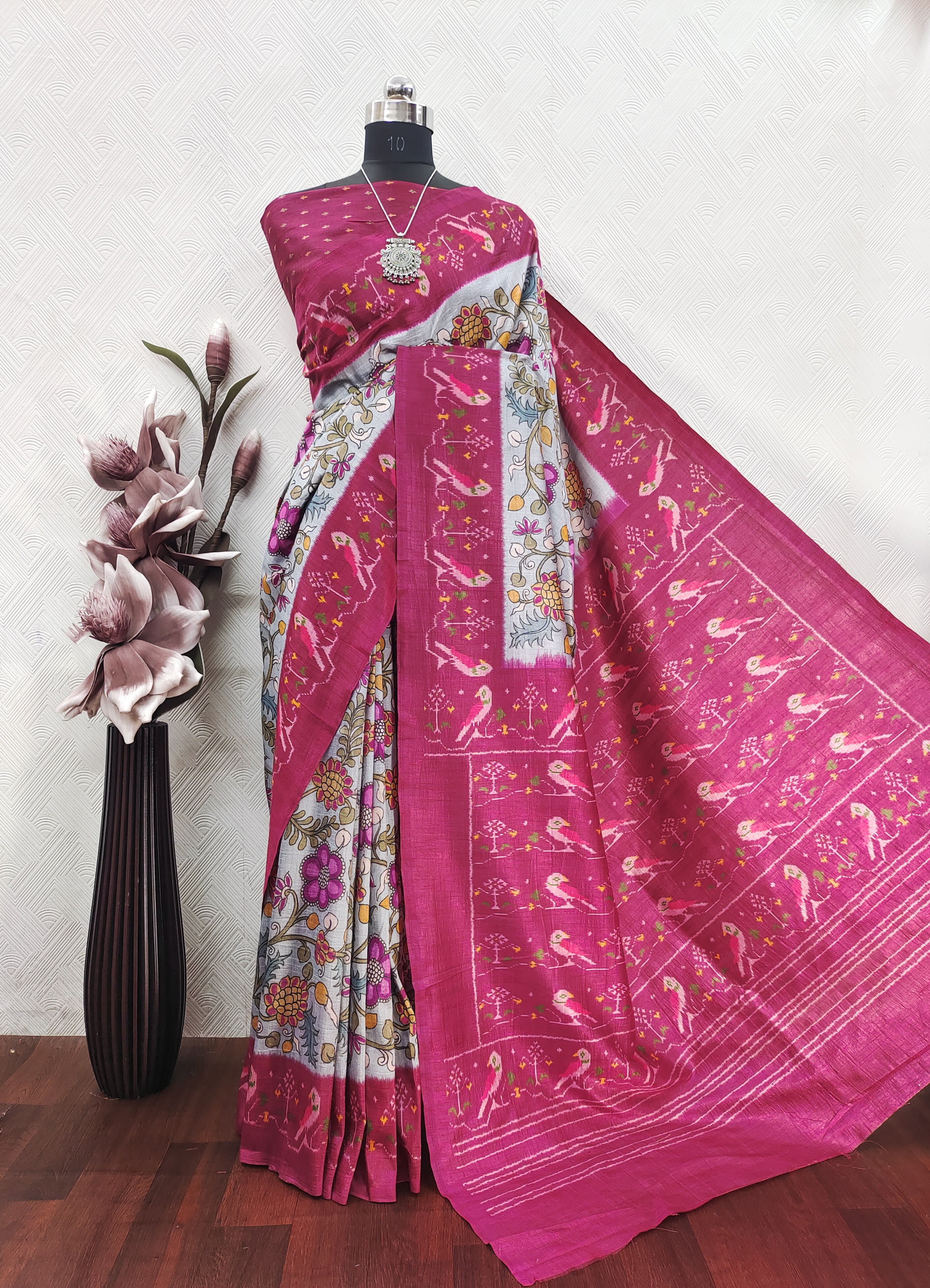 Metallic Grey Color with Rani Pink Kalamkari Print On Raw Artsilk Fabric