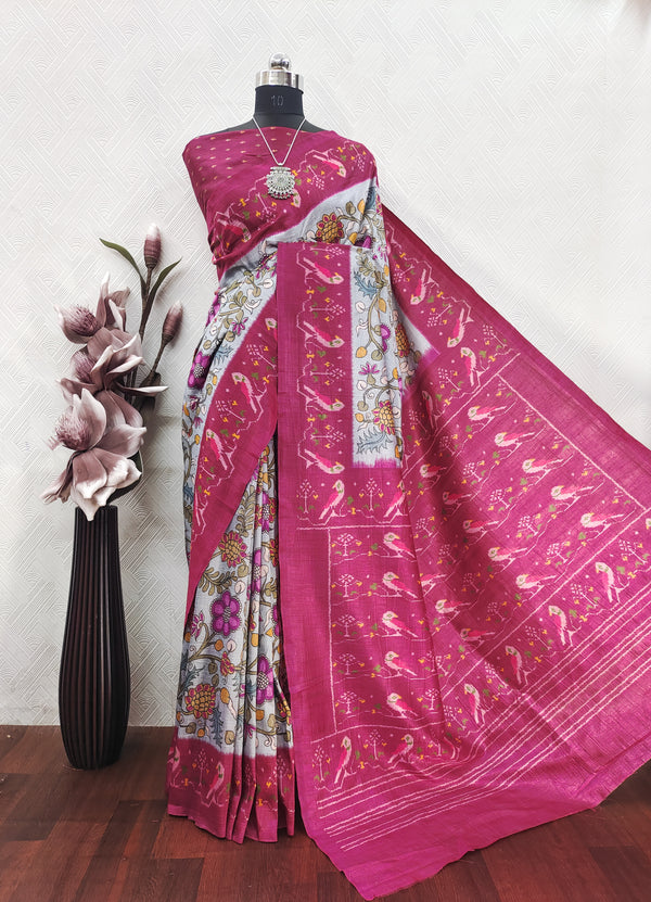 Metallic Grey Color with Rani Pink Kalamkari Print On Raw Artsilk Fabric