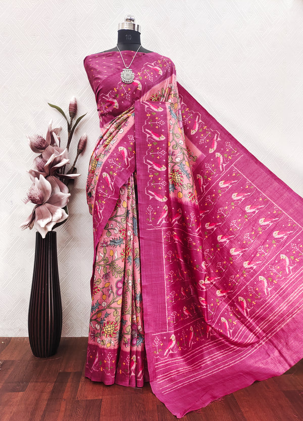 Blush Pink With Magenta Color Kalamakri Print On Raw ArtSilk