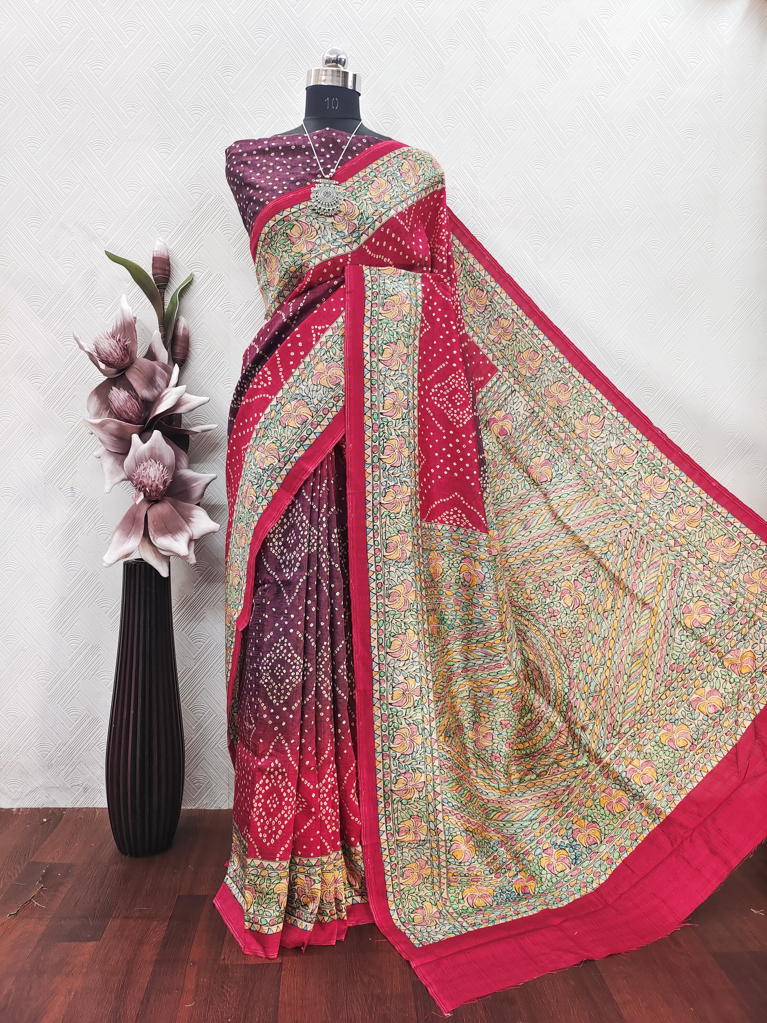 Red With Green Color Fusion Bandhini With Madhubani Print on Matka silk Fabric