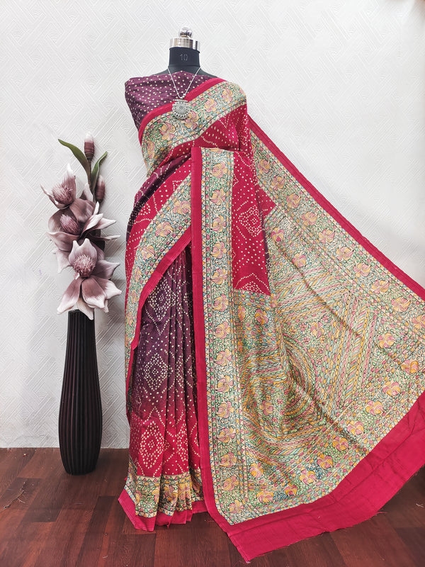 Red With Green Color Fusion Bandhini With Madhubani Print on Matka silk Fabric