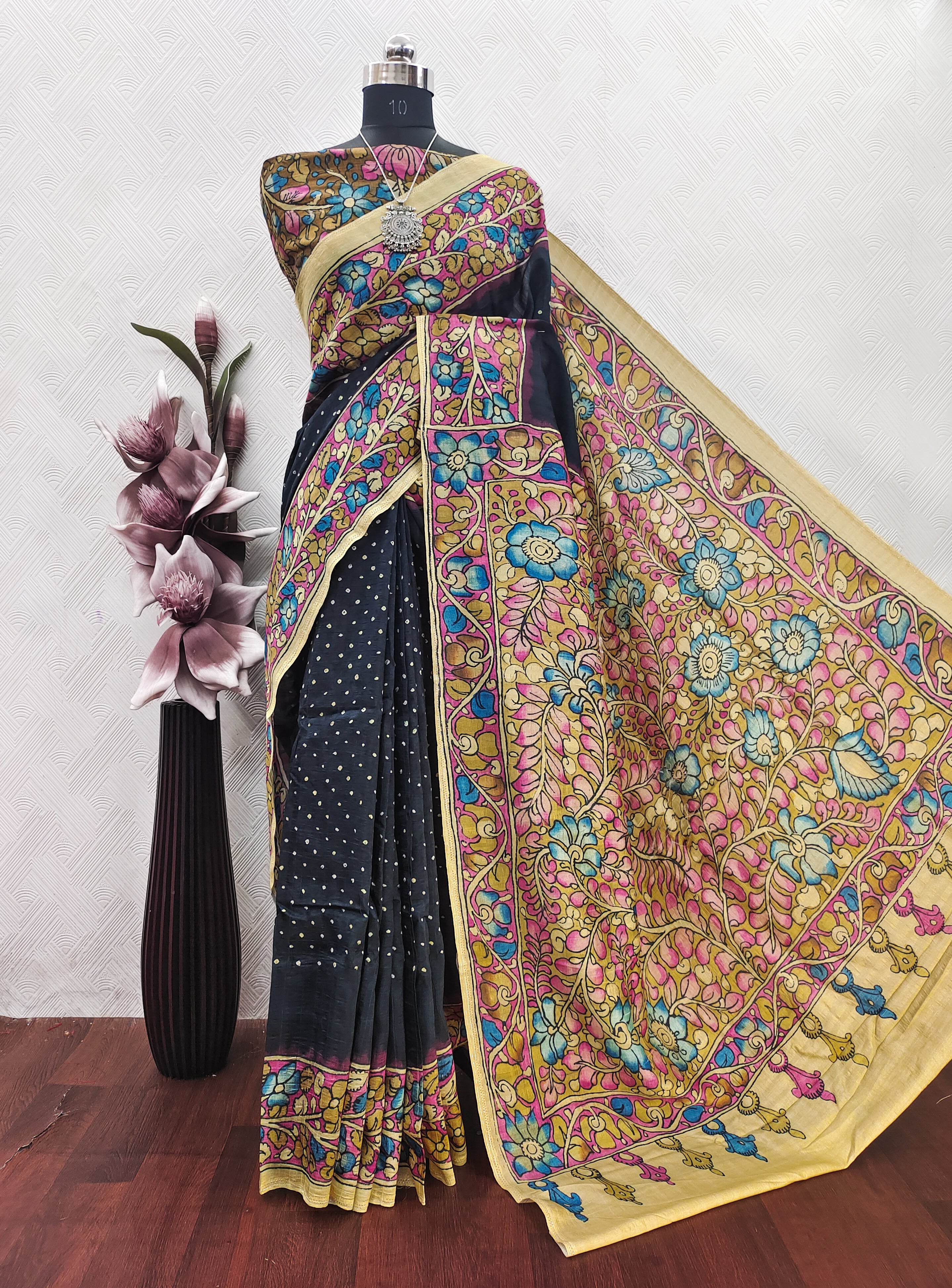 Black Color Bandhini With Kalamkari Print On Matka Silk Fabric