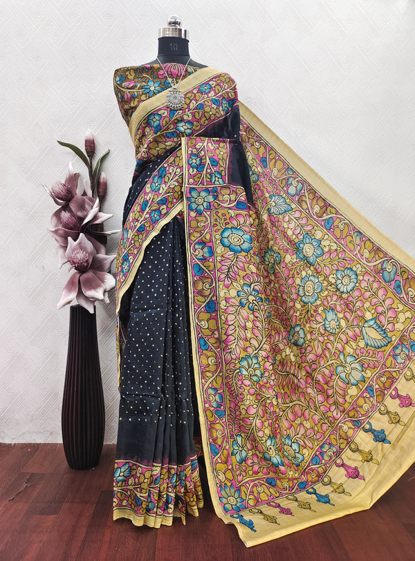 Black Color Bandhini With Kalamkari Print On Matka Silk Fabric