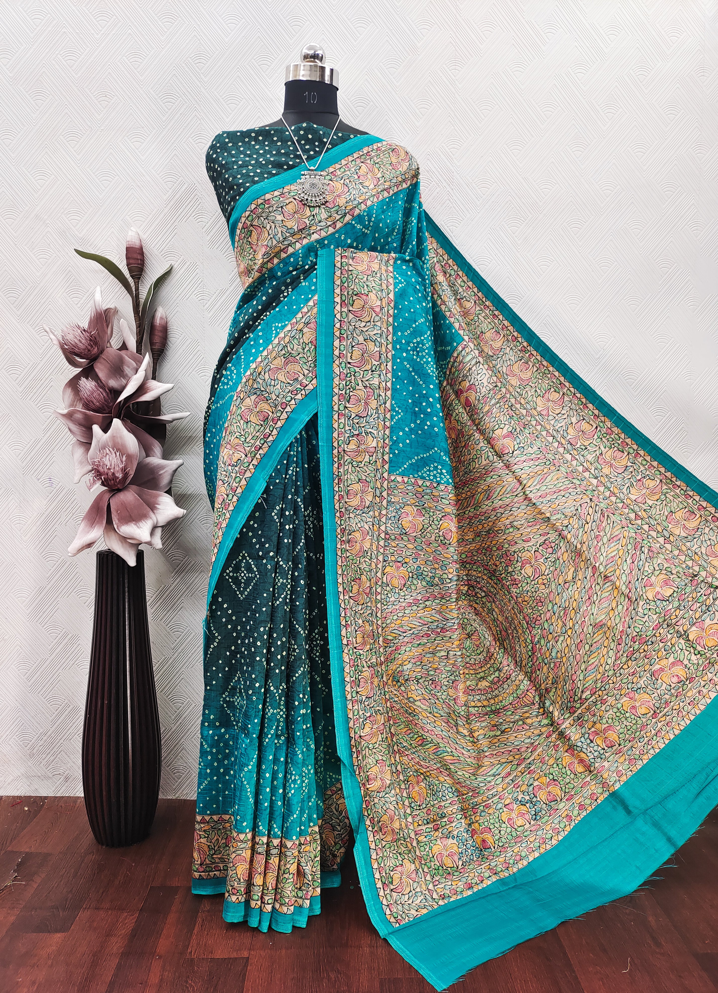 Firozi Color Bandhini With Madhubani Print On Matka Silk Fabric