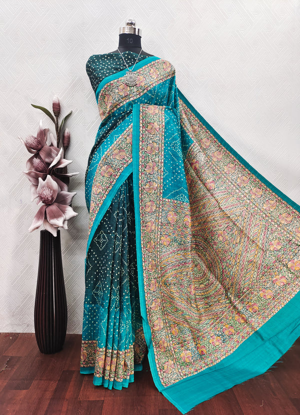 Firozi Color Bandhini With Madhubani Print On Matka Silk Fabric