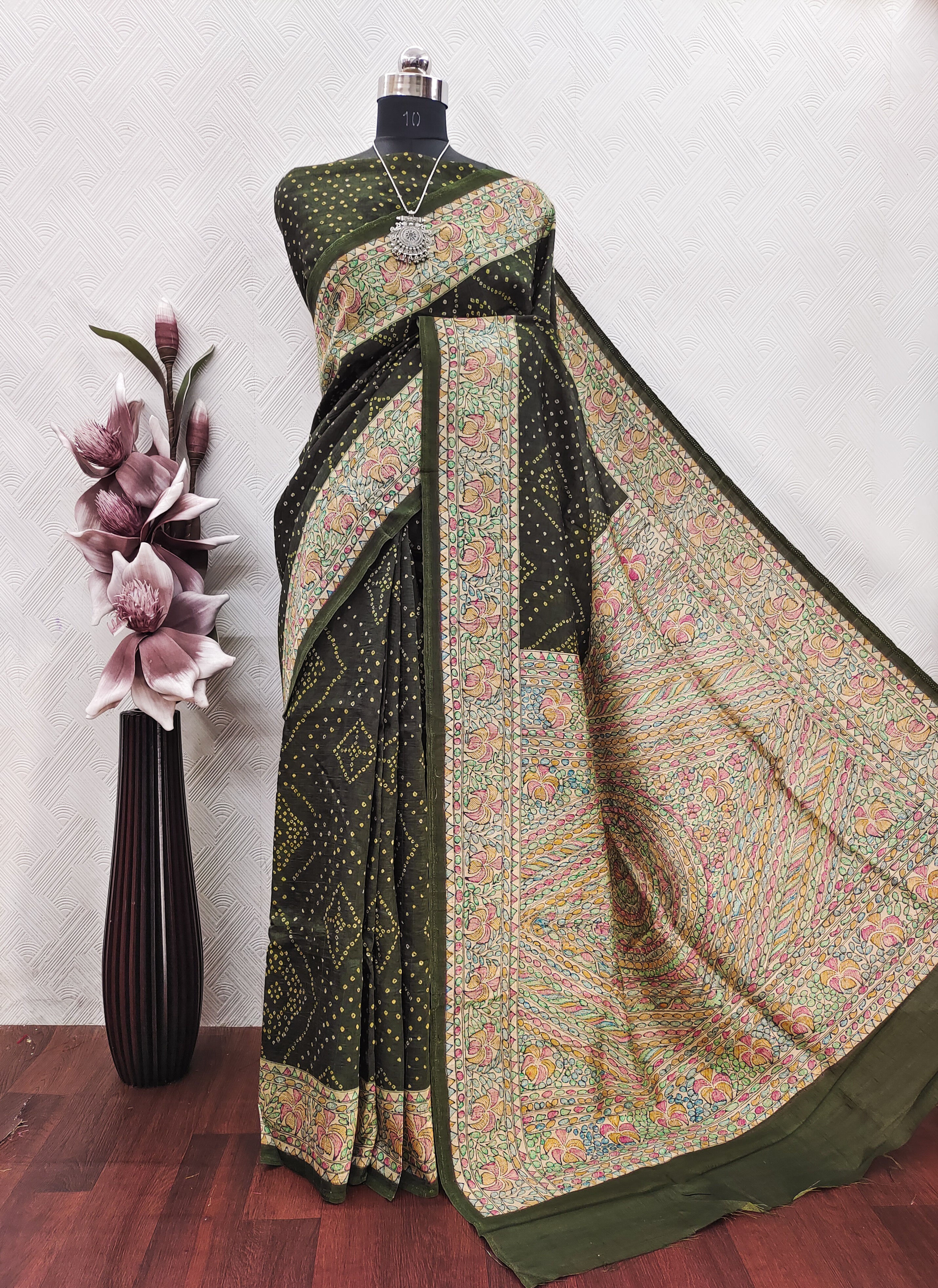 Bottle Green Color Bandhini With Madhubani fusion