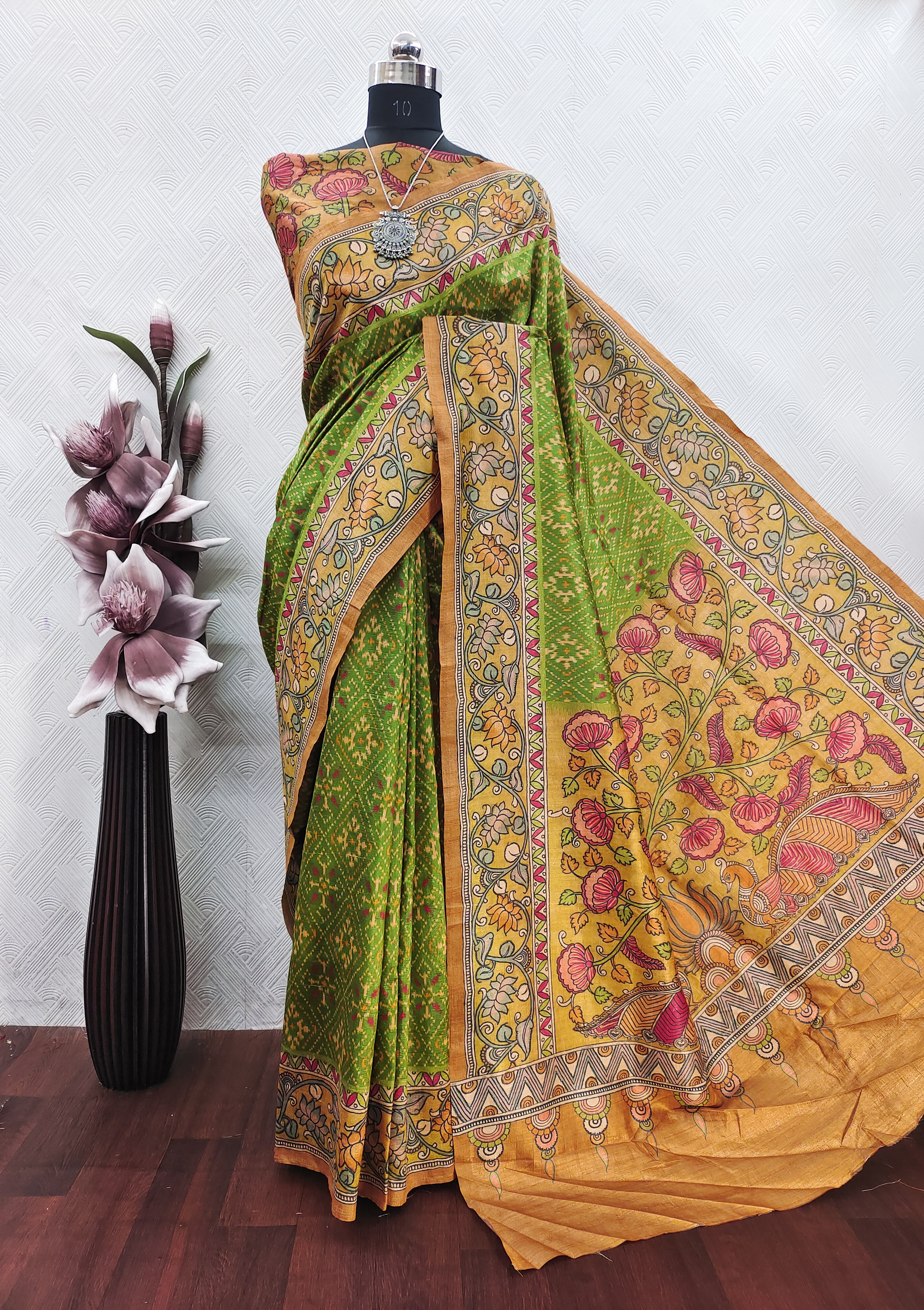 Green Color Patola With Mustard color Kalamkari On Raw ArtSilk fabric