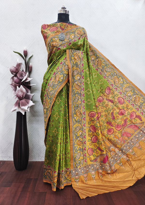 Green Color Patola With Mustard color Kalamkari On Raw ArtSilk fabric