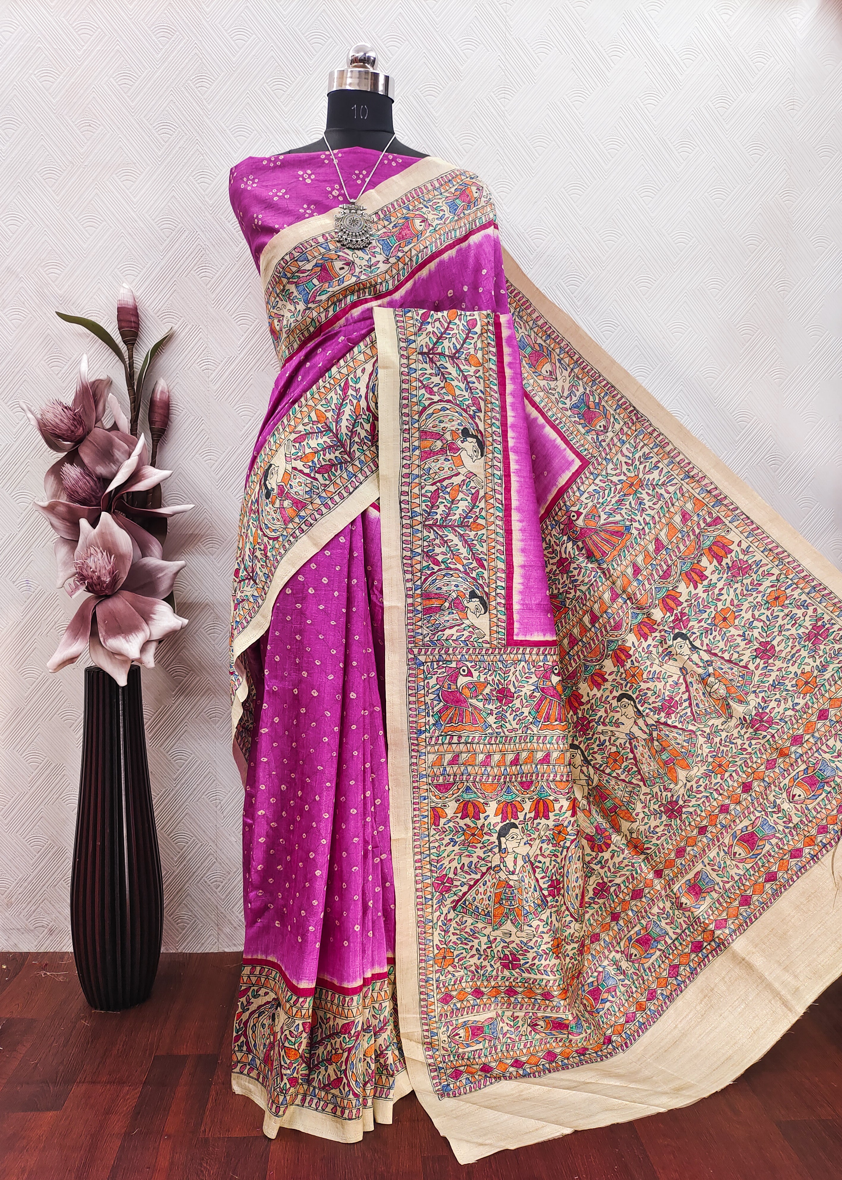 Magenta Color Bandhini With Madhubani Print On Raw Art Silk Fabric