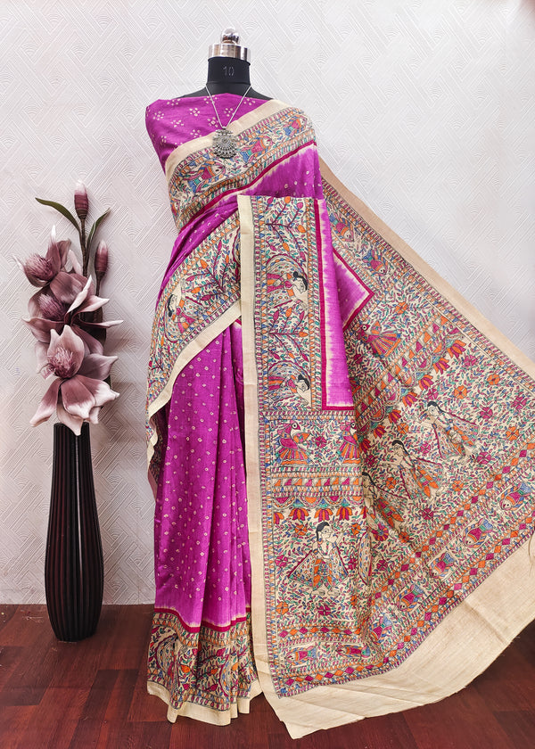 Magenta Color Bandhini With Madhubani Print On Raw Art Silk Fabric