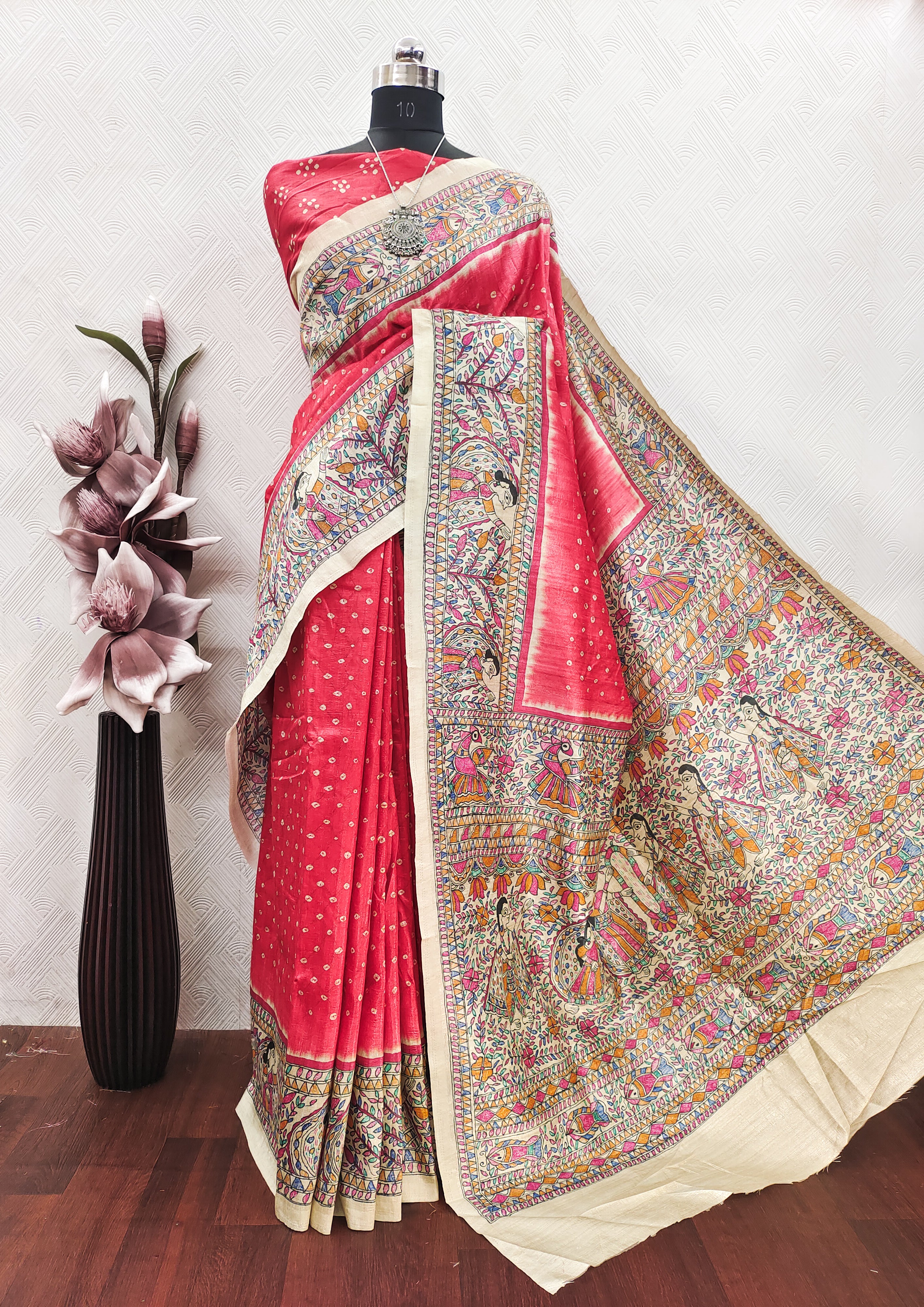 Rani Pink Color Bandhini With Madhubani Print On Raw ArtSilk Fabric