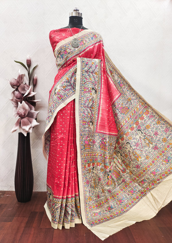 Rani Pink Color Bandhini With Madhubani Print On Raw ArtSilk Fabric