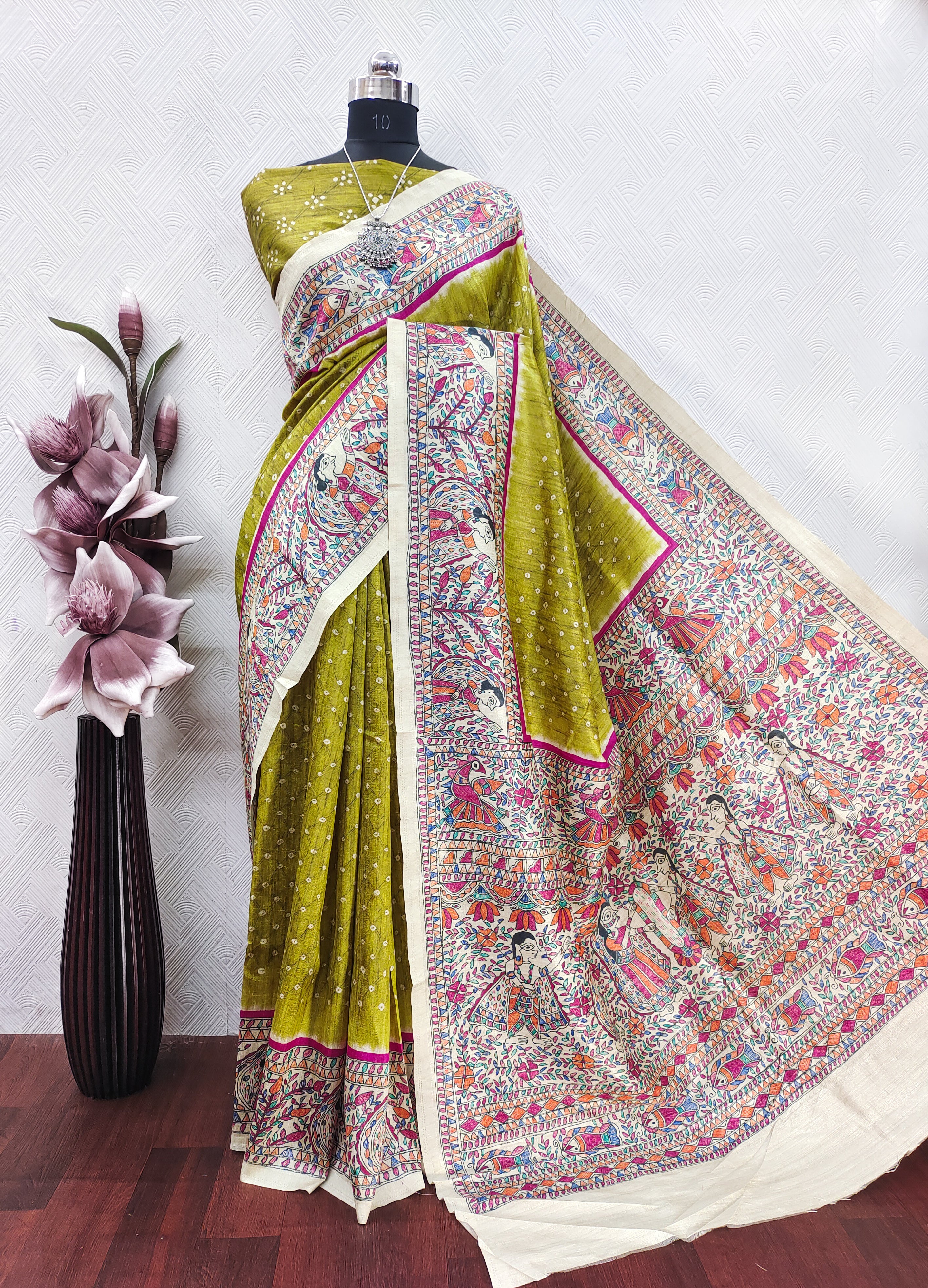 Green Color Bandhini With Madhubani Print On Raw ArtSilk Saree